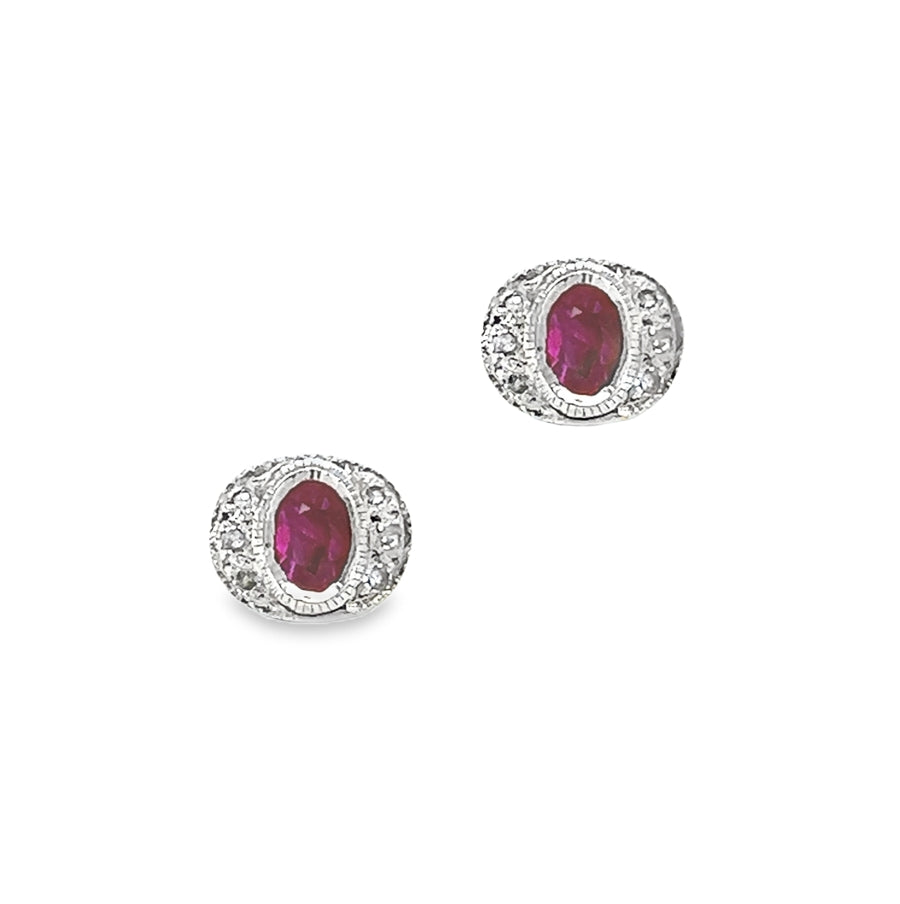 9ct White Gold Ruby & Diamond Deco Style Earrings