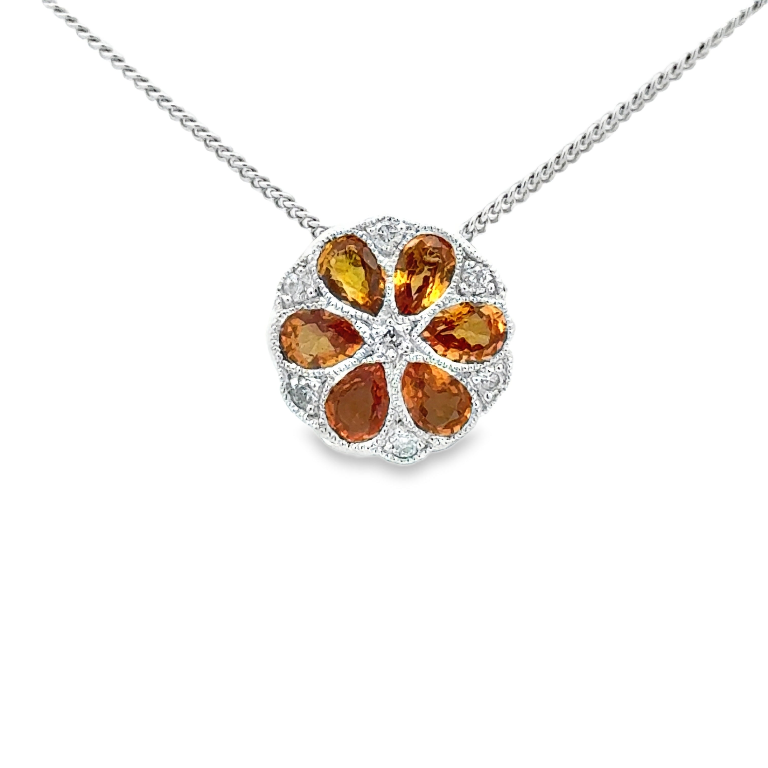 Orange Sapphire & Diamond Necklace 9ct White Gold close up