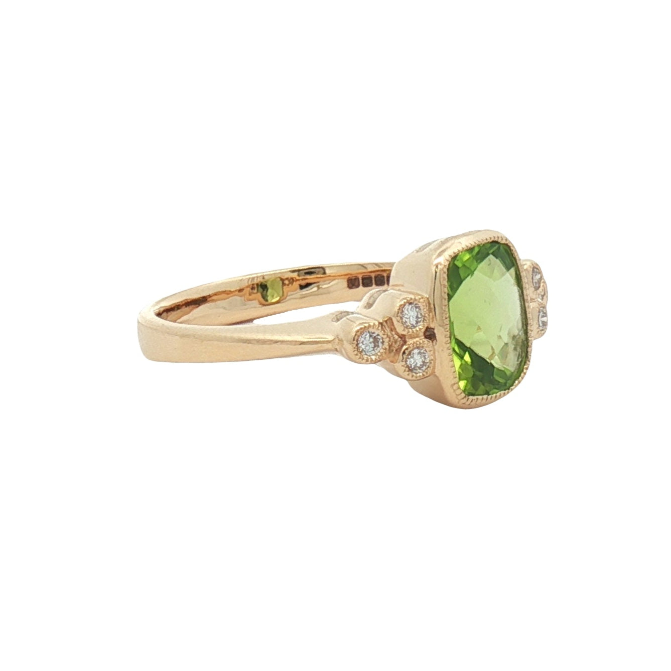 Cushion Peridot & Diamond Ring 9ct Gold side