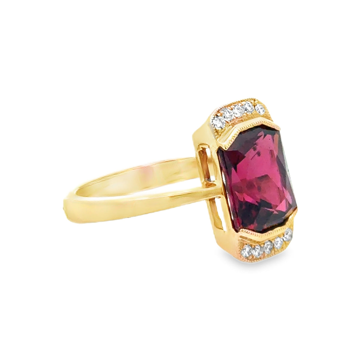 9ct Gold Octagonal Sheild Cut Garnet & Diamond Ring side