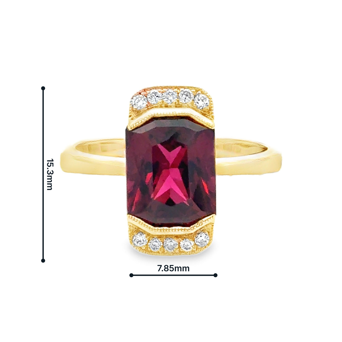 9ct Gold Octagonal Sheild Cut Garnet & Diamond Ring dimensions