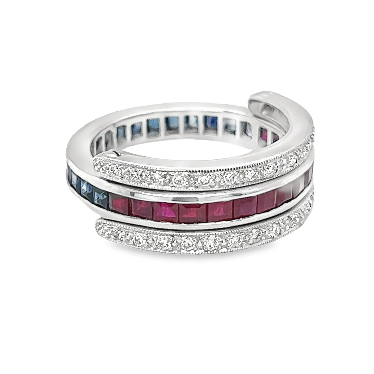 Sapphire, Diamond & Ruby Swivel Ring 18ct White Gold side