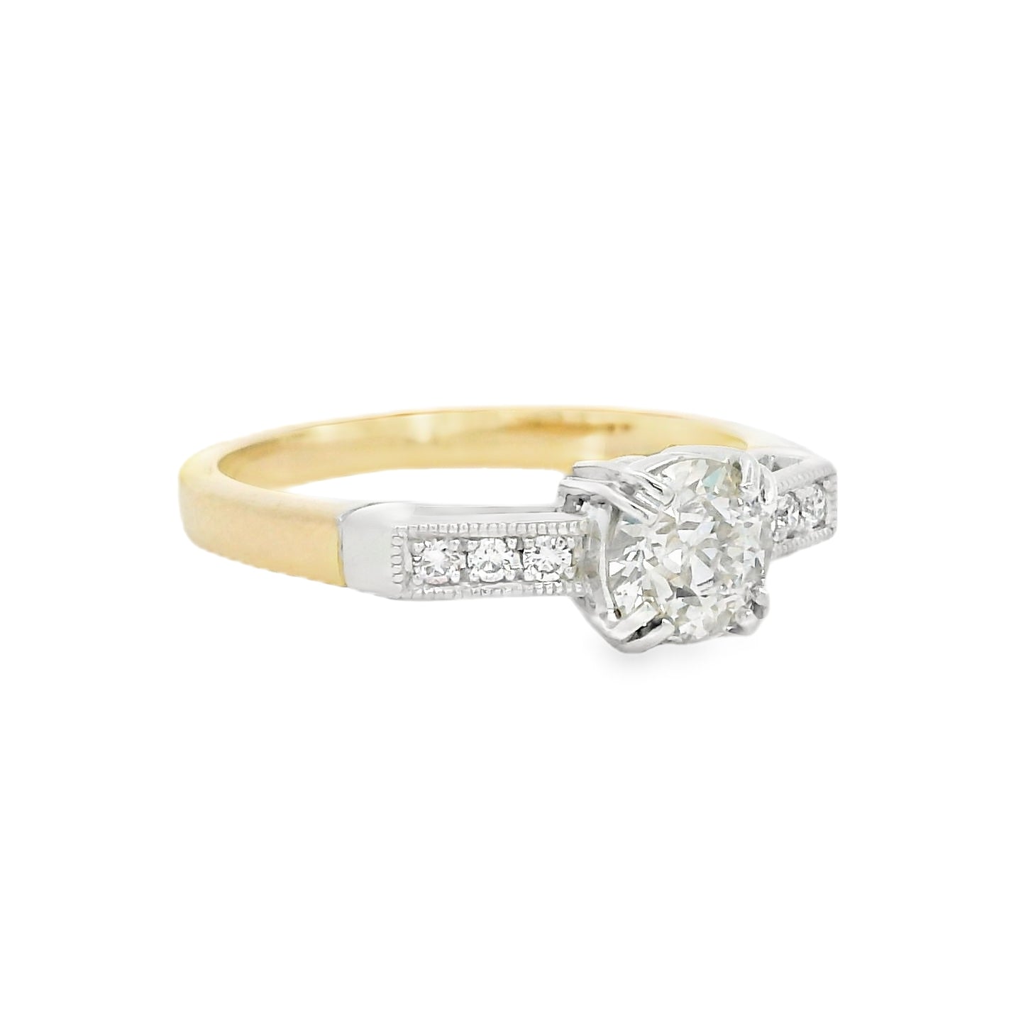 Solitaire Old Cut Diamond Ring Diamond Set Shoulders 18ct Yellow Gold side