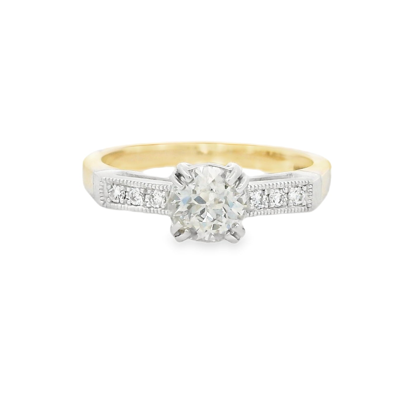 Solitaire Old Cut Diamond Ring Diamond Set Shoulders 18ct Yellow Gold