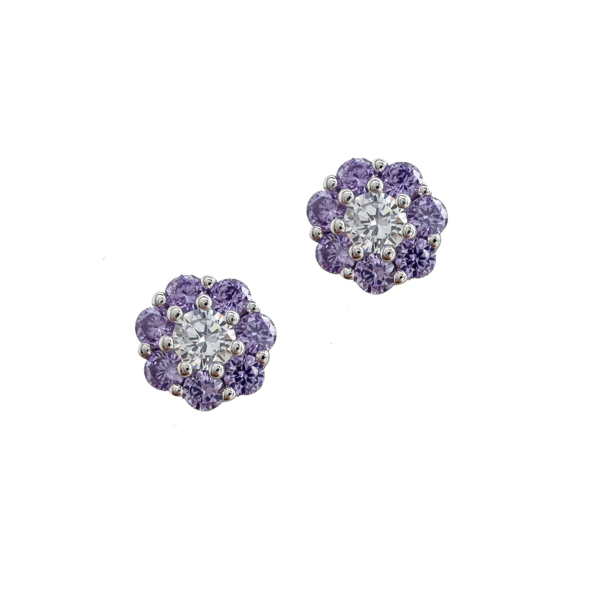 Sterling Silver Purple & White CZ Daisy Cluster Earrings