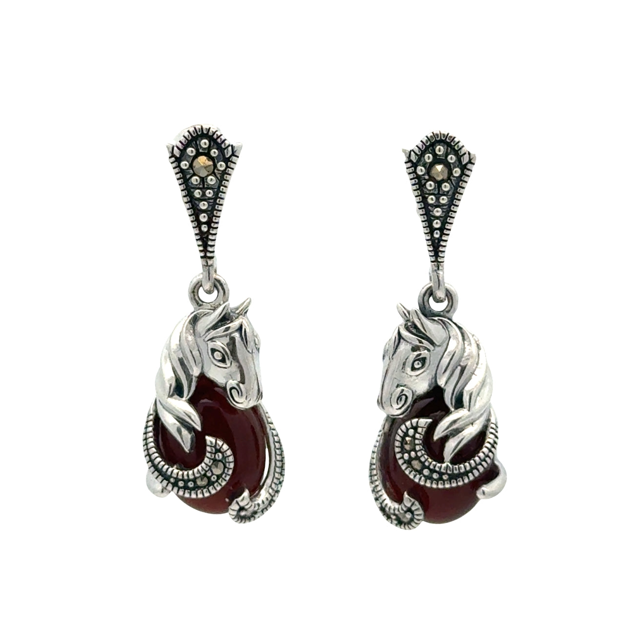 Sterling Silver Marcasite & Red Agate Horse Earrings