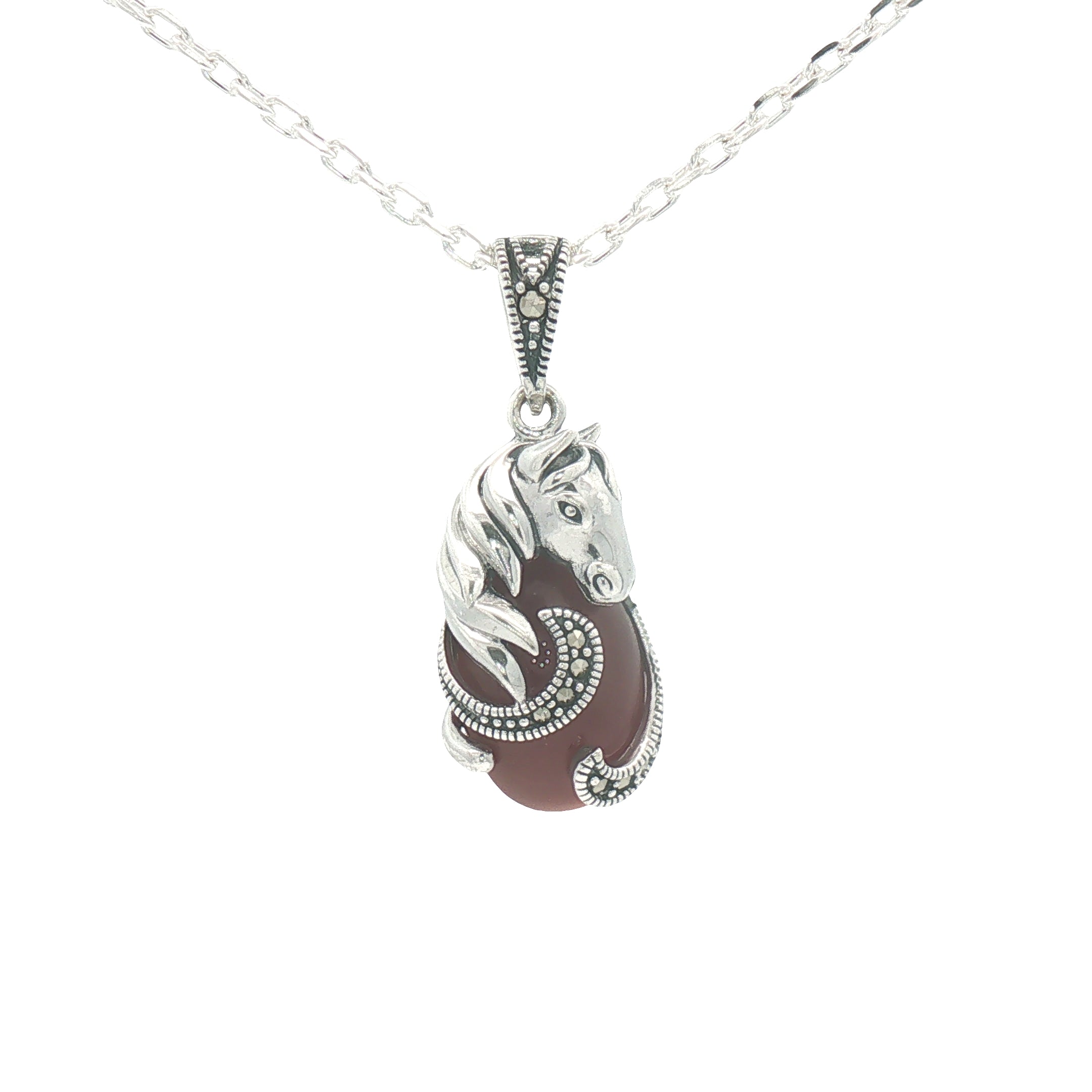 Sterling Silver Marcasite & Red Agate Horse Necklace