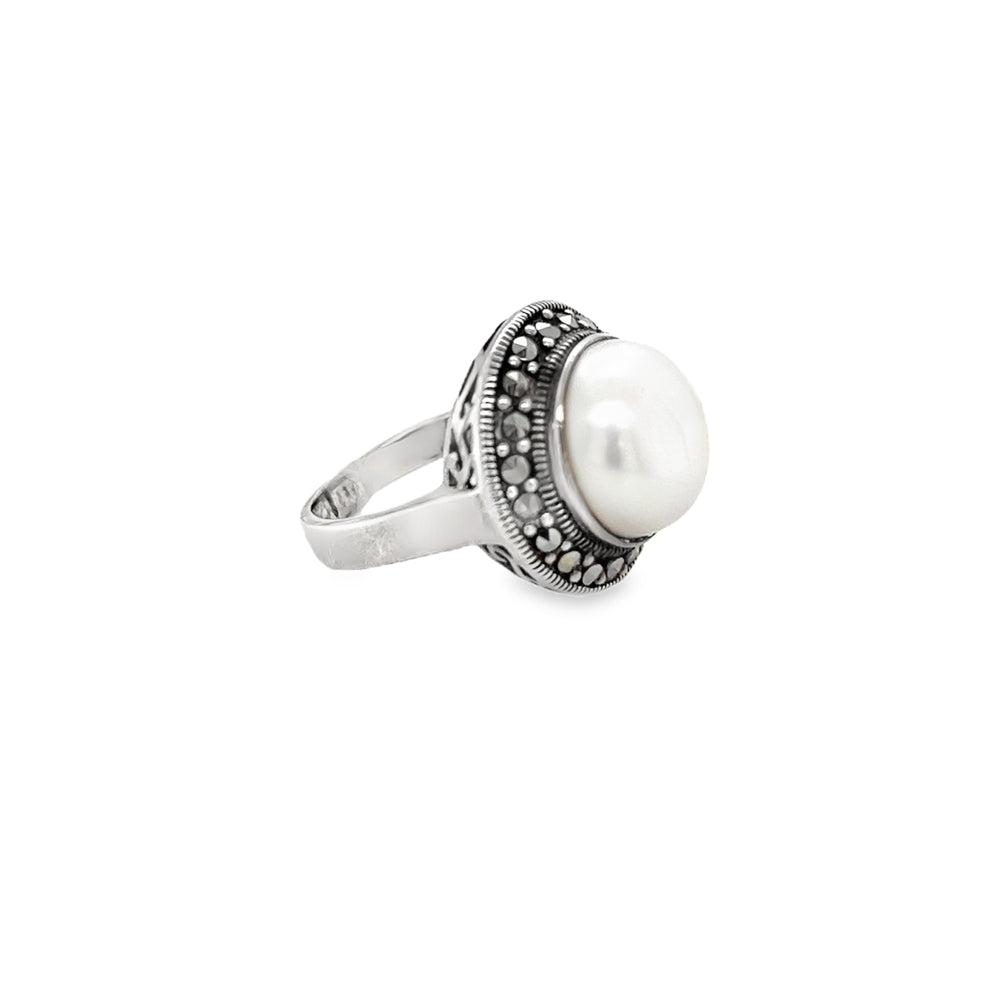 Silver Marcasite & Pearl Ring
