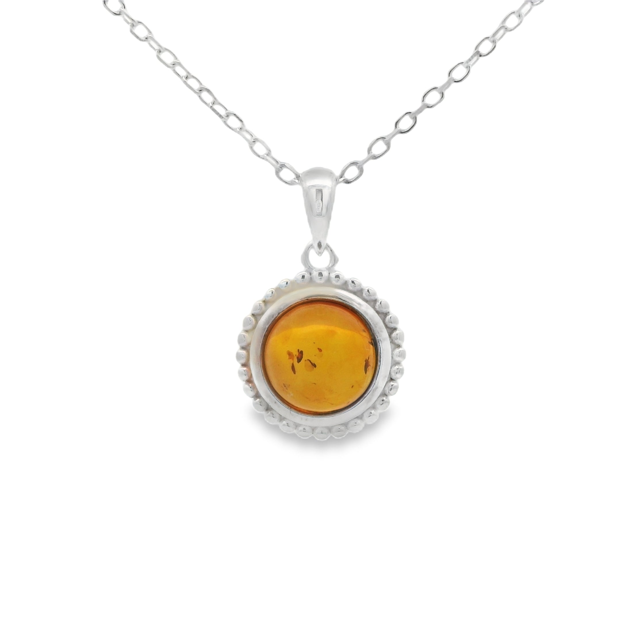 Silver Round Beaded Edge Amber Pendant