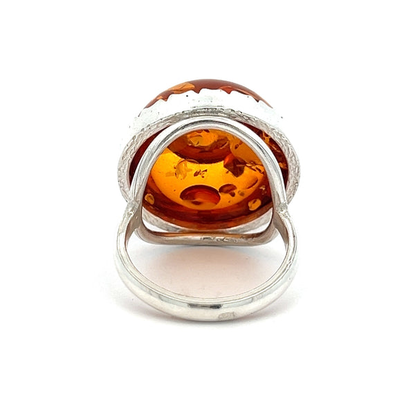 Sterling Silver Large Round Amber Ring