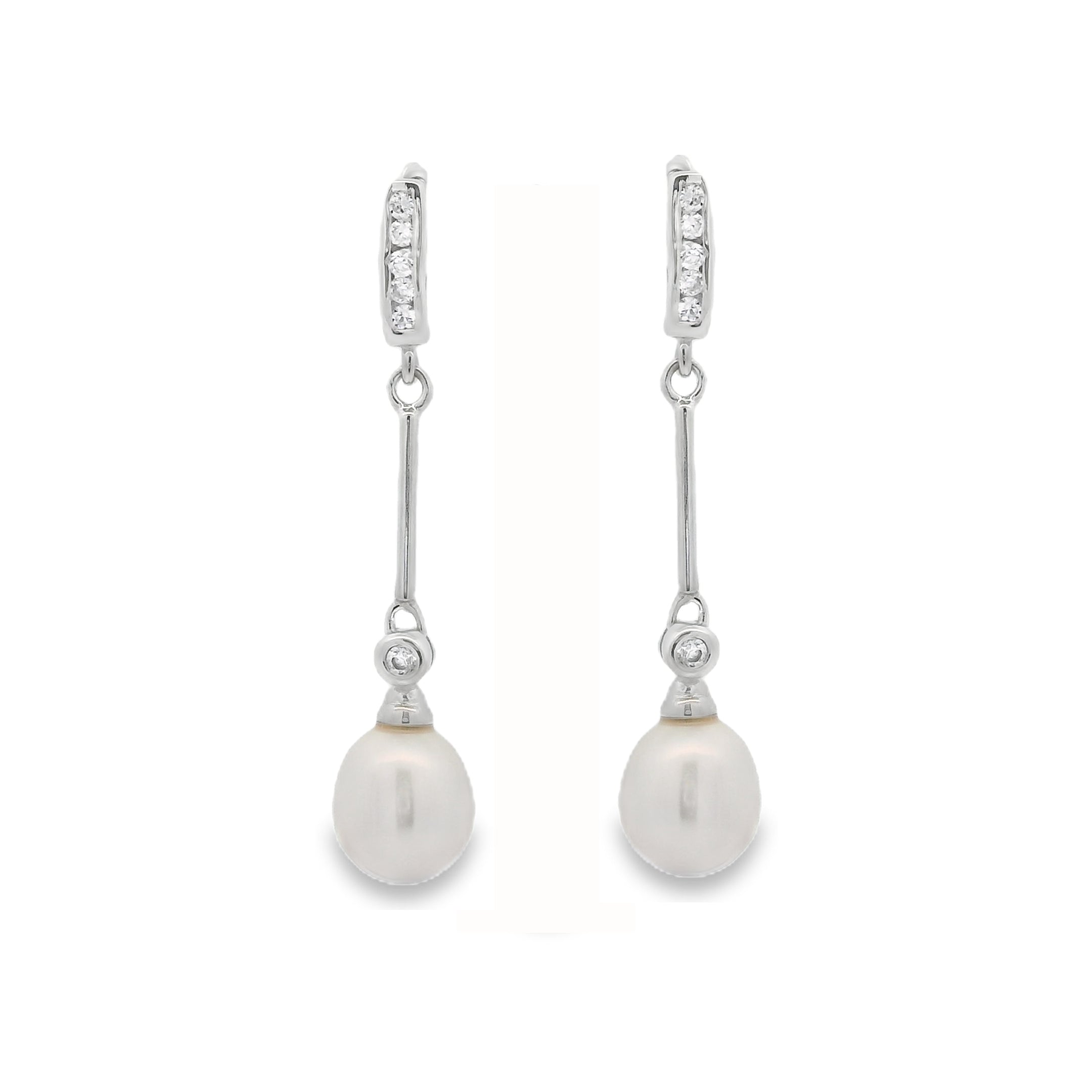 Silver Freshwater Pearl CZ Long Drop Earrings