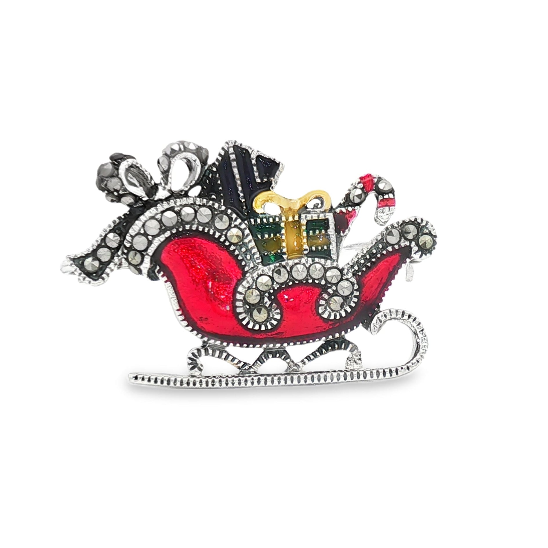 Silver Marcasite Enamel Sleigh Brooch