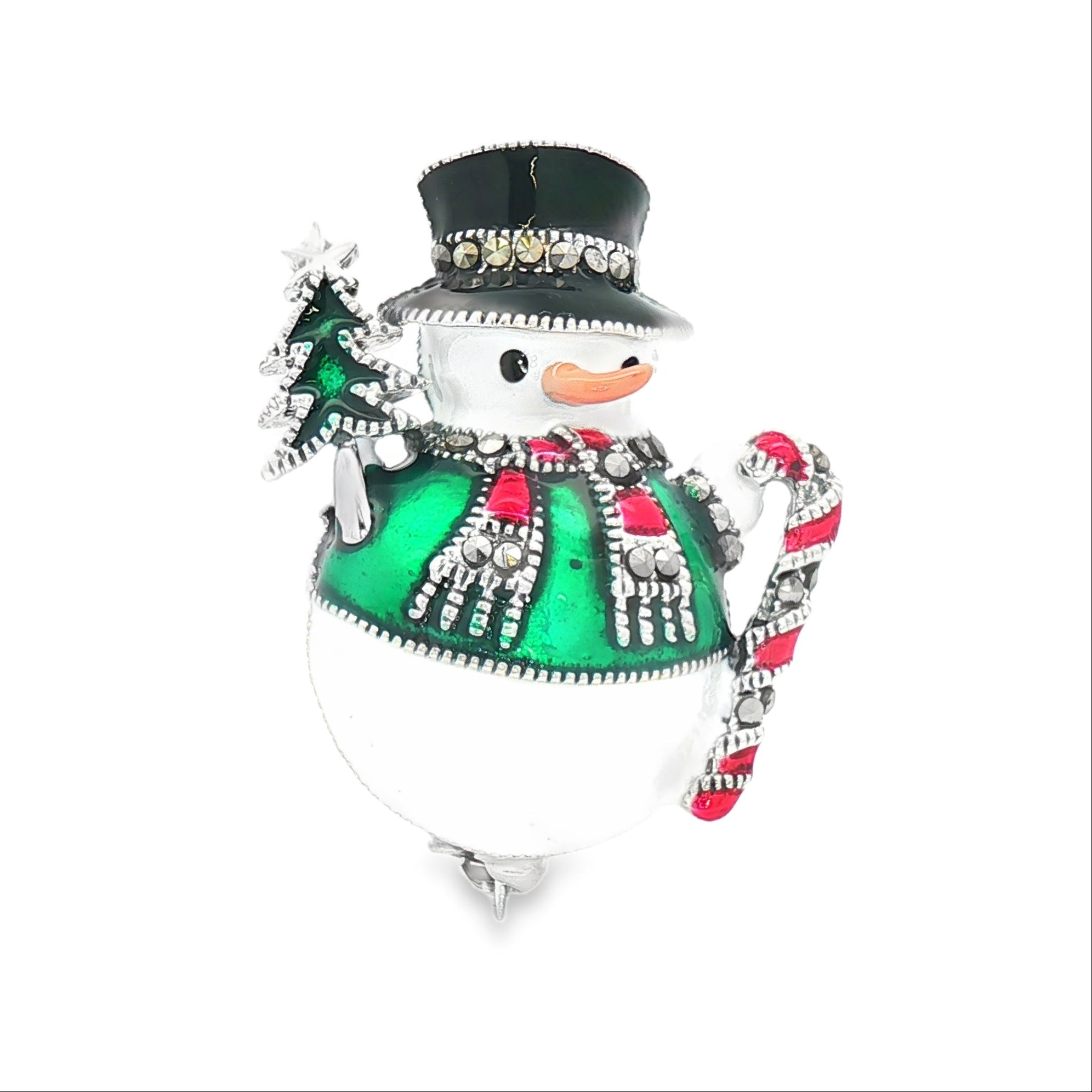 Silver Marcasite Enamel Snowman Brooch