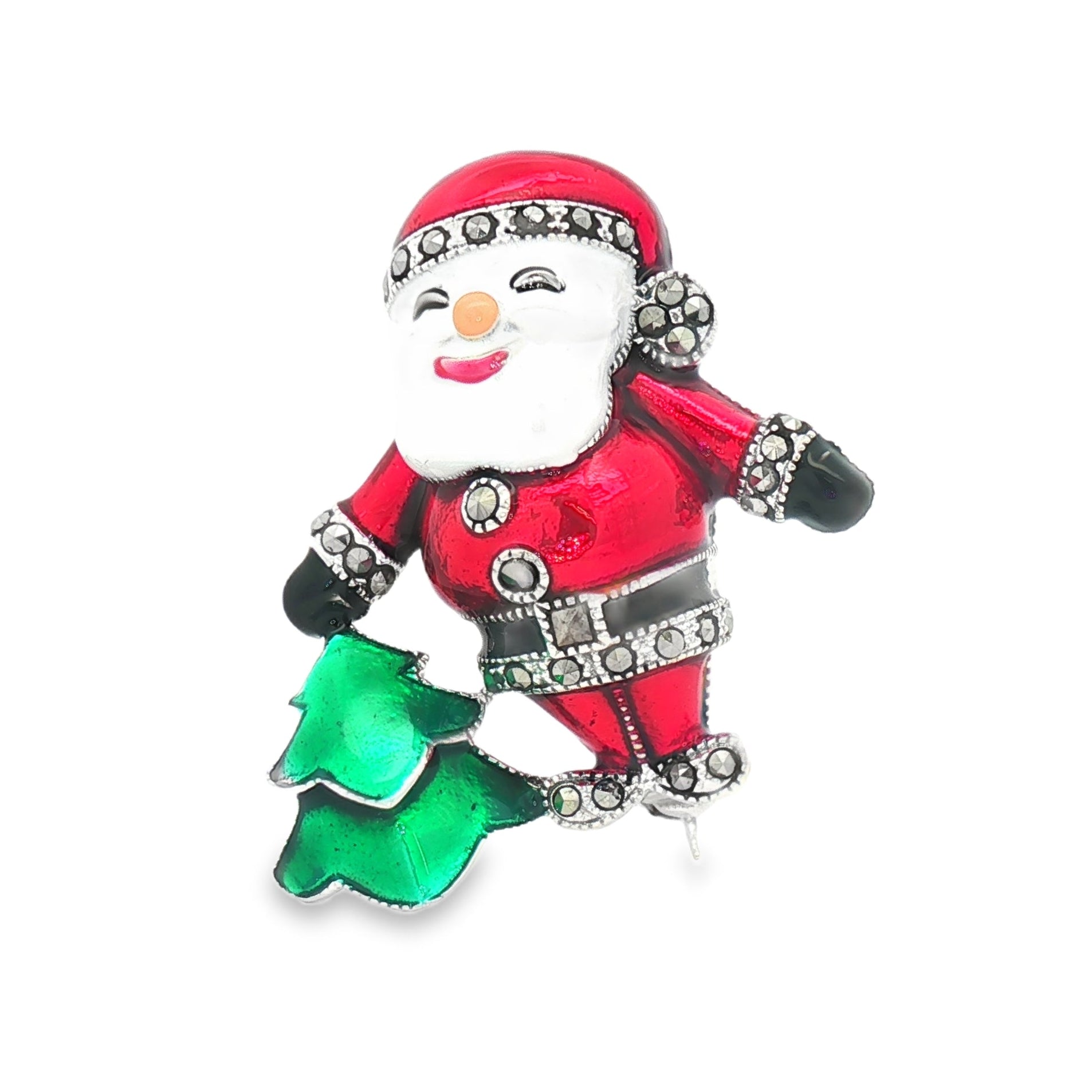 Silver Marcasite Enamel Santa Claus Brooch