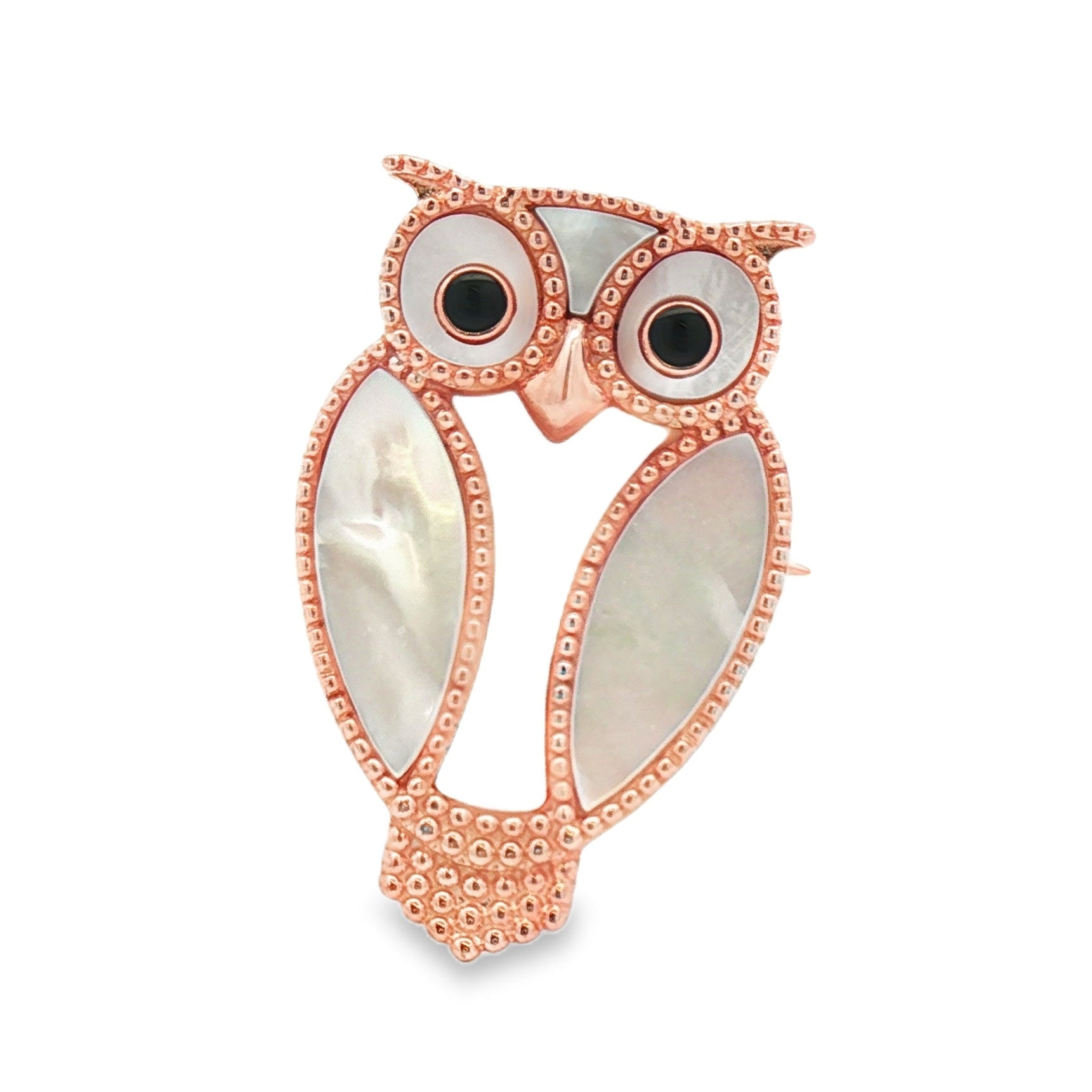 Silver Rose Plated Mother of Pearl Owl Brooch