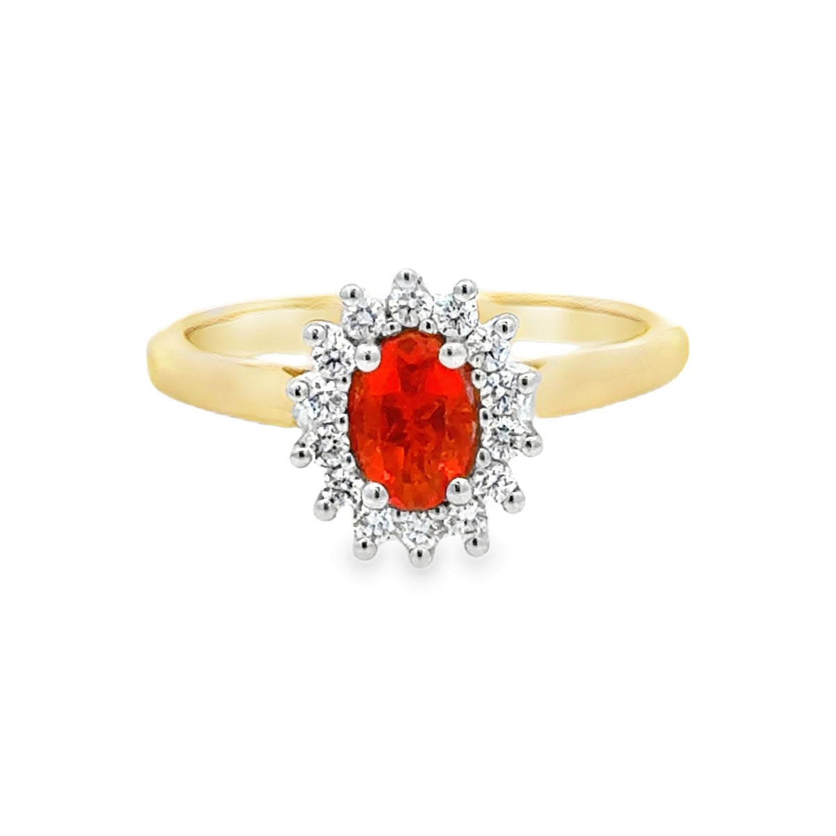 Fire Opal & Diamond Oval Cluster Ring 9ct Gold