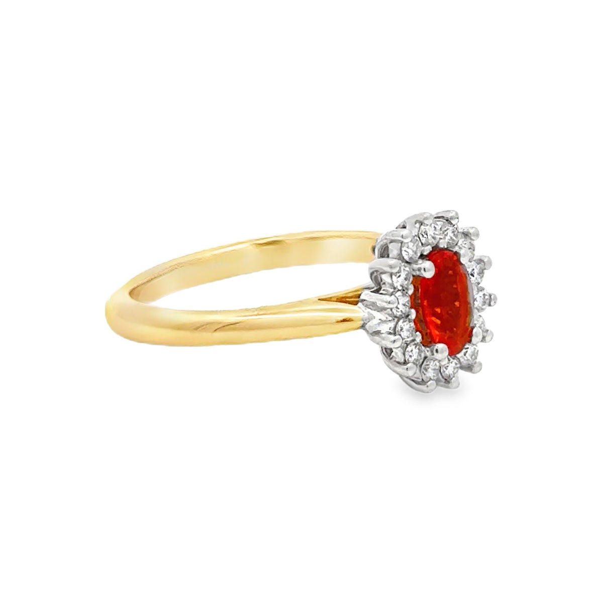 Fire Opal & Diamond Oval Cluster Ring 9ct Gold side