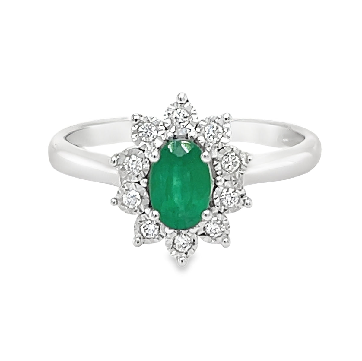 Emerald & Diamond Oval Illusion Set Cluster Ring 9ct White Gold