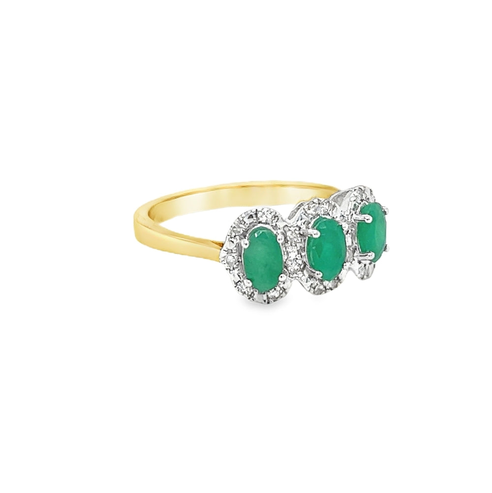 Emerald & Diamond Triple Cluster Ring 9ct Yellow Gold