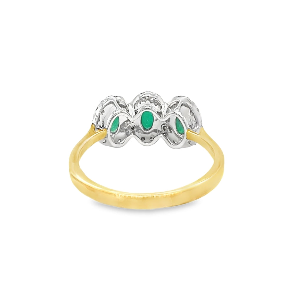 Emerald & Diamond Triple Cluster Ring 9ct Yellow Gold