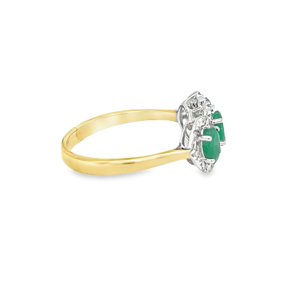 Emerald & Diamond Triple Cluster Ring 9ct Yellow Gold