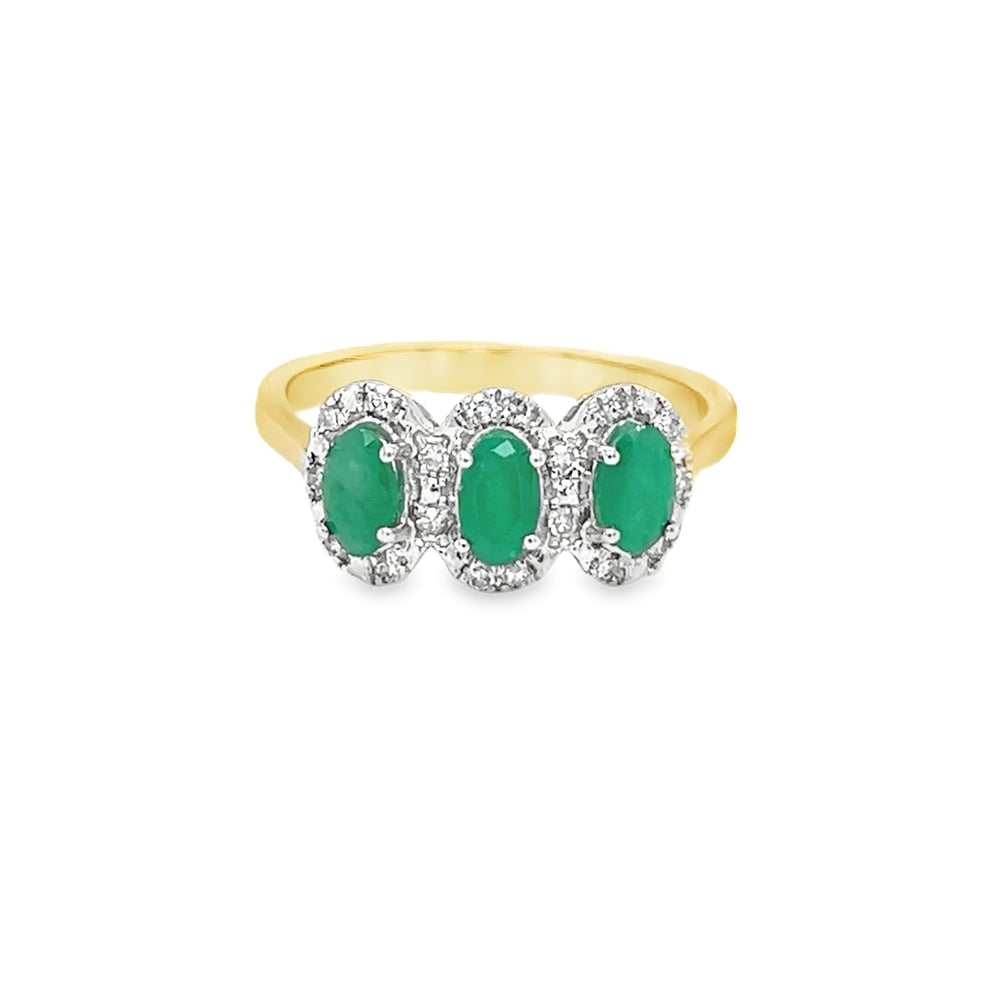 Emerald & Diamond Triple Cluster Ring 9ct Yellow Gold
