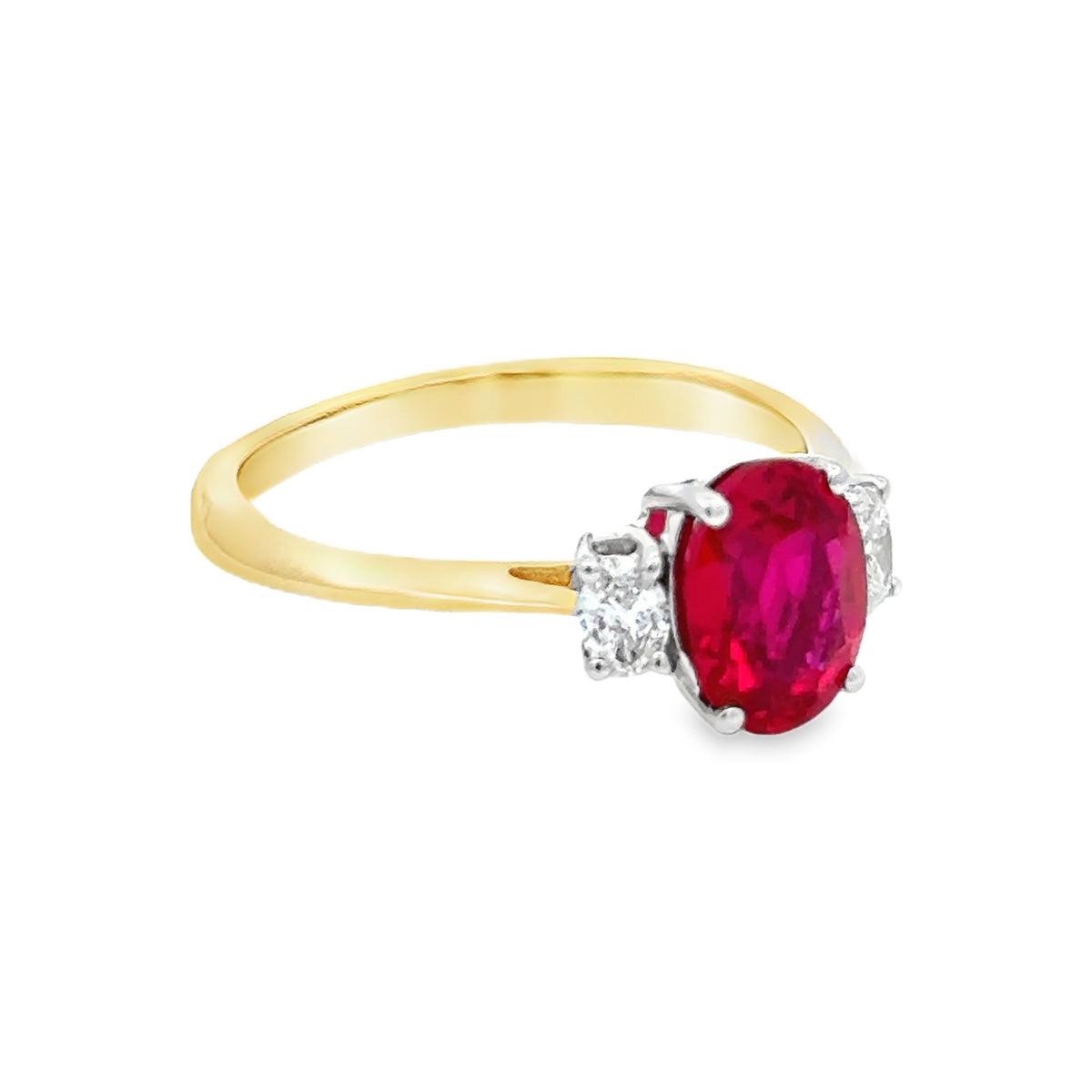 9ct Gold Lab Grown Ruby & Diamond Oval Trilogy Ring SIDE