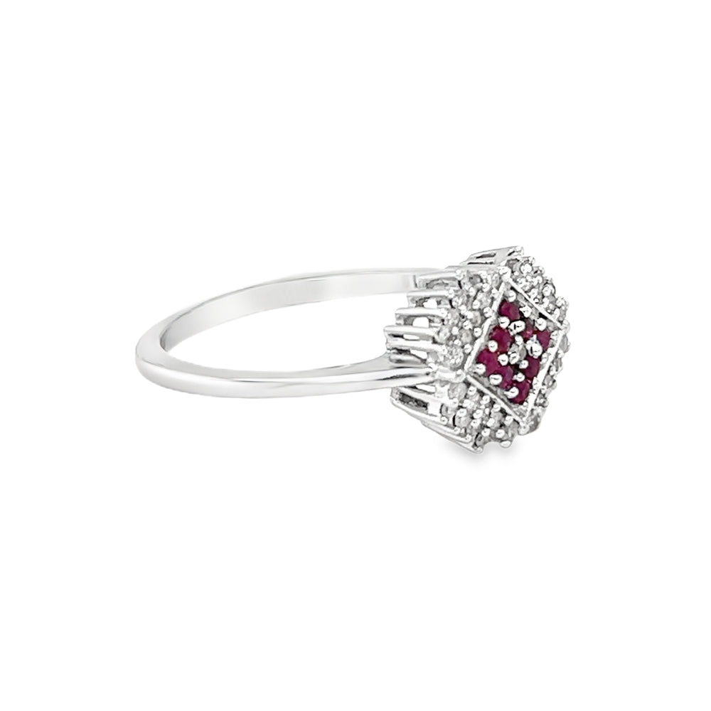Ruby & Diamond Square Cluster Ring 9ct White Gold side
