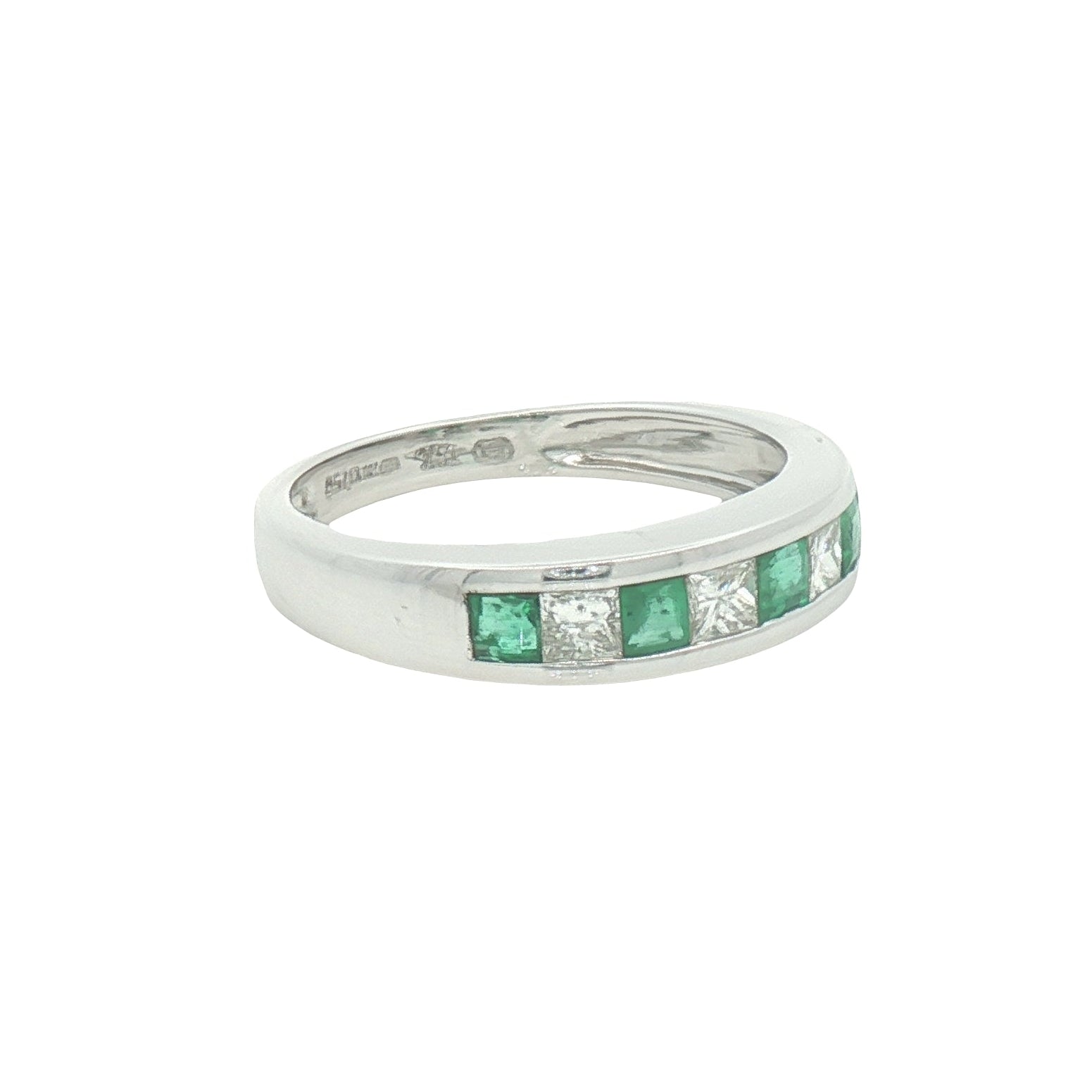 Pre Owned Emerald & Diamond 7 Stone Eternity Ring 18ct White Gold SIDE