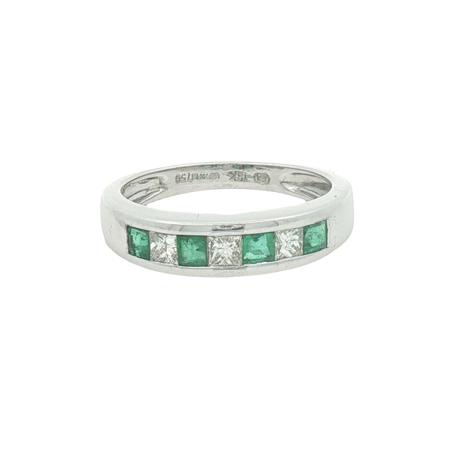 Pre Owned Emerald & Diamond 7 Stone Eternity Ring 18ct White Gold