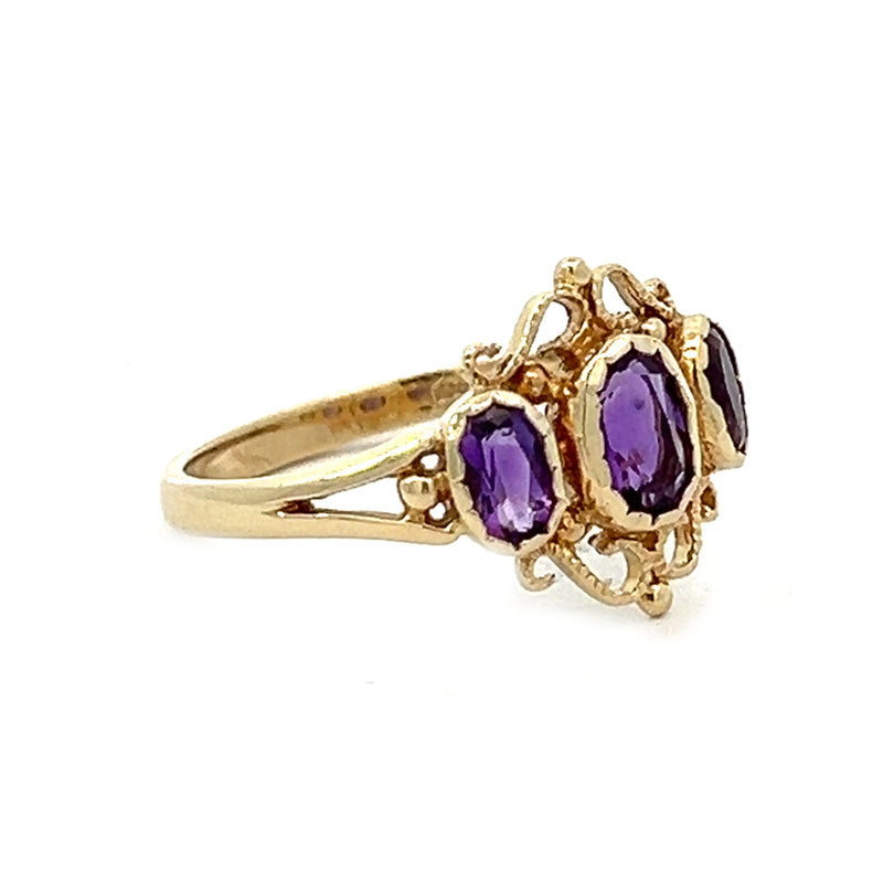 Pre Owned 3 Stone Amethyst Ring 9ct Gold