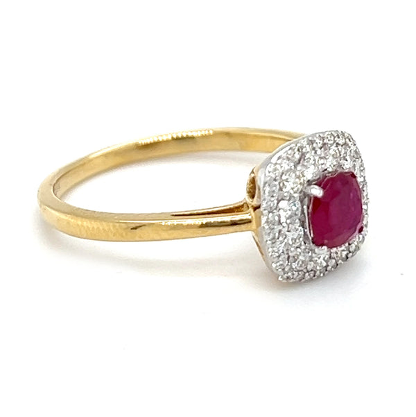Ruby & Diamond Cushion Cluster Ring 18ct Gold side