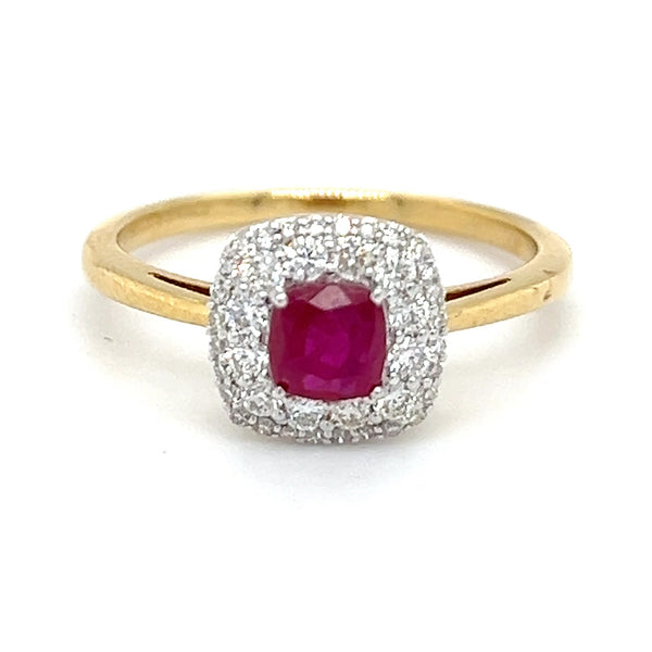 Ruby & Diamond Cushion Cluster Ring 18ct Gold