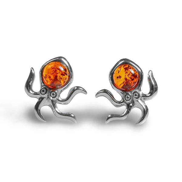 Henryka Mini Octopus Stud Earrings in Silver and Amber
