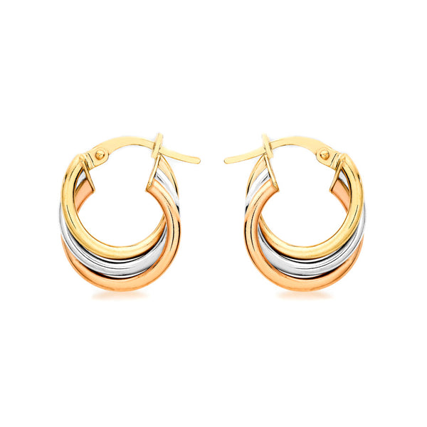 3 Colour Russian Twist Creole Earrings 9ct Gold