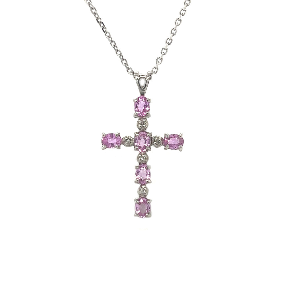 9ct White Gold Pink Sapphire & Diamond Cross Pendant