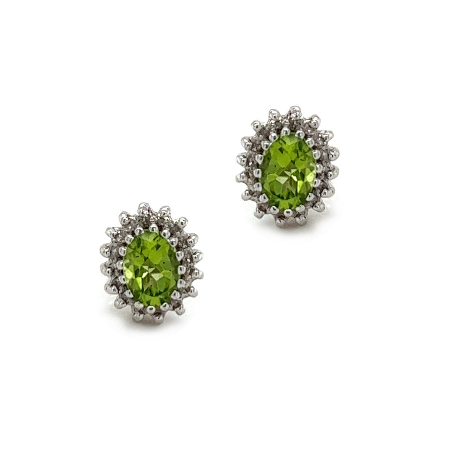9ct White Gold Peridot & Diamond Oval Cluster Earrings