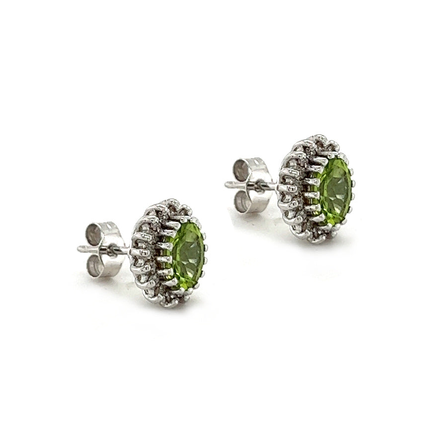 9ct White Gold Peridot & Diamond Oval Cluster Earrings side