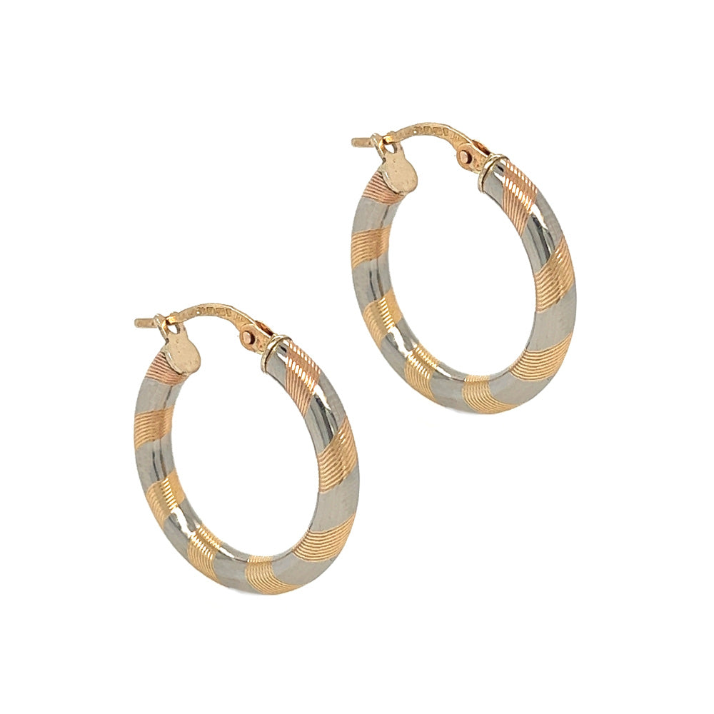 2 Colour Striped Hoop Earrings 9ct Gold