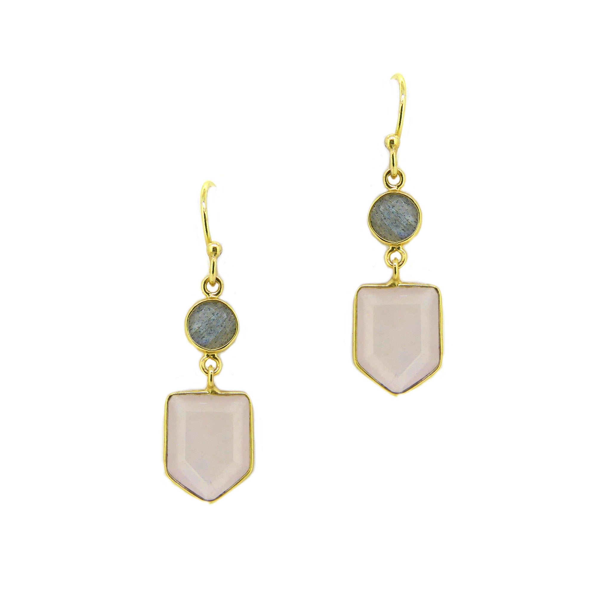 Sterling Silver 14k Gold Plated Labradorite & Rose Quartz Drop Earrings