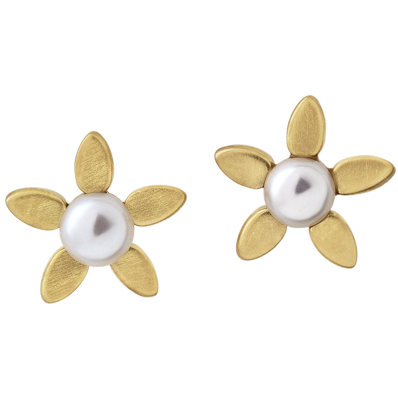 ByBiehl Silver 14ct Plated Forget Me Not Pearl Stud Earrings