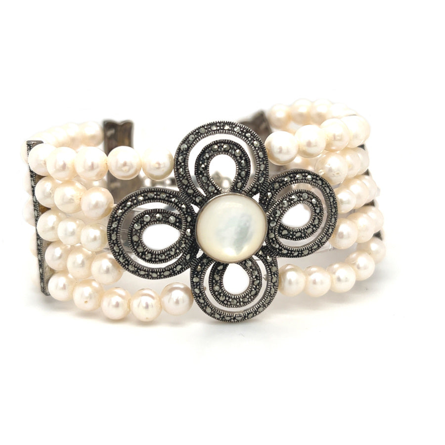 5 Row Fresh Water Pearl Silver & Marcasite Bracelet