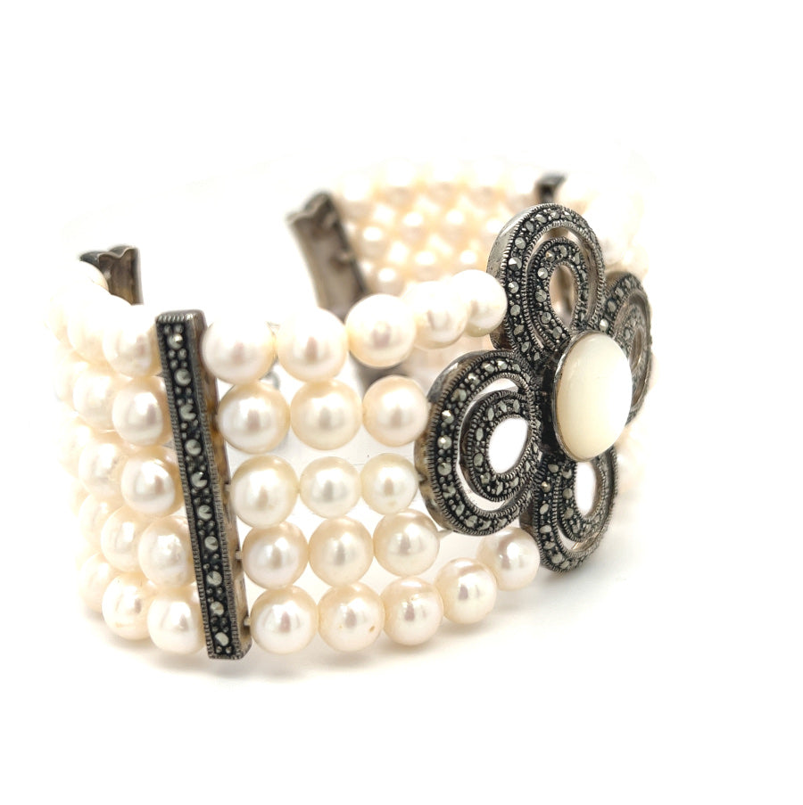 5 Row Fresh Water Pearl Silver & Marcasite Bracelet side