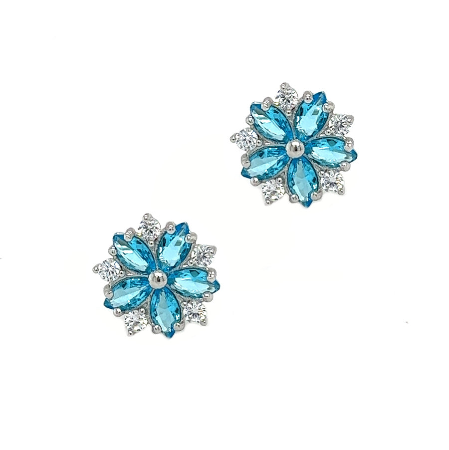 Sterling Silver Sky Blue & White CZ Cluster Earrings