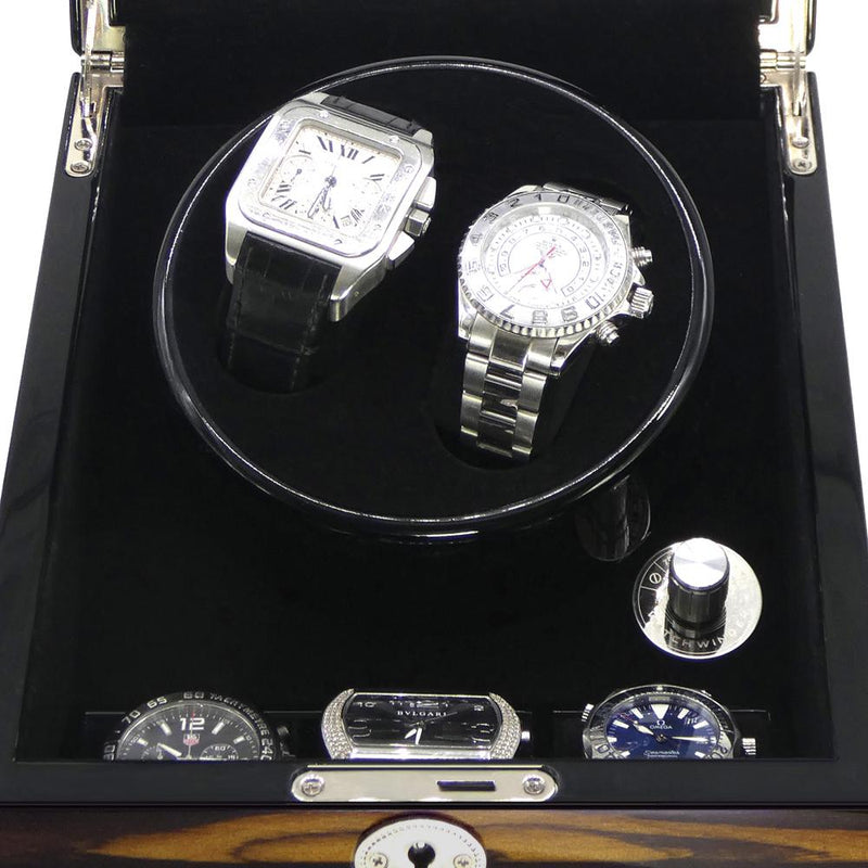 Luxury Double Watch Winder & 3 Slot Wooden Watch Case close up
