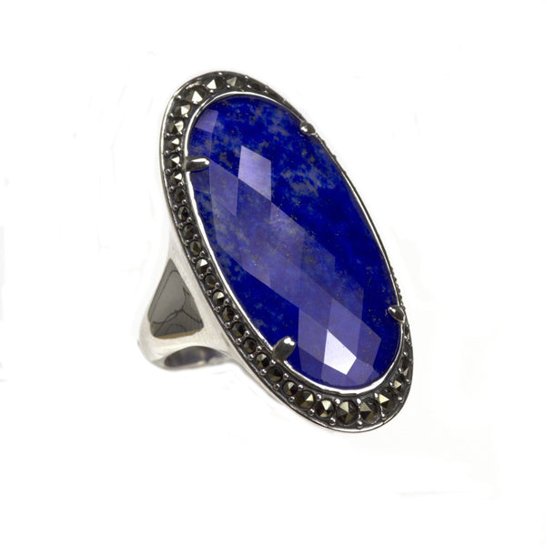 Silver Marcasite Lapis Lazuli & Rock Crystal Ring