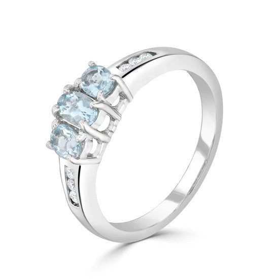 Aquamarine & Diamond 3 Stone Ring Diamond Shoulders 9ct White Gold