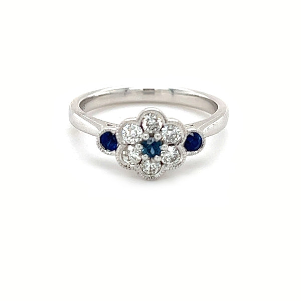 9ct White Gold Sapphire & Diamond Daisy Cluster Ring