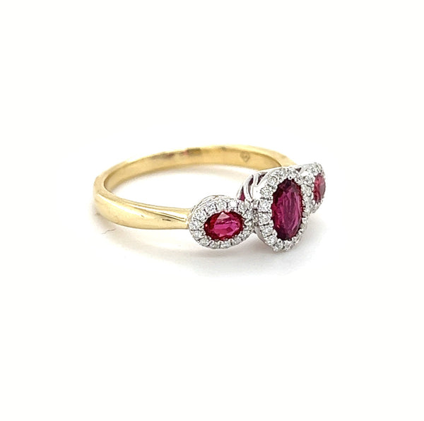 Ruby & Diamond 3 Stone Halo Ring 9ct Gold side