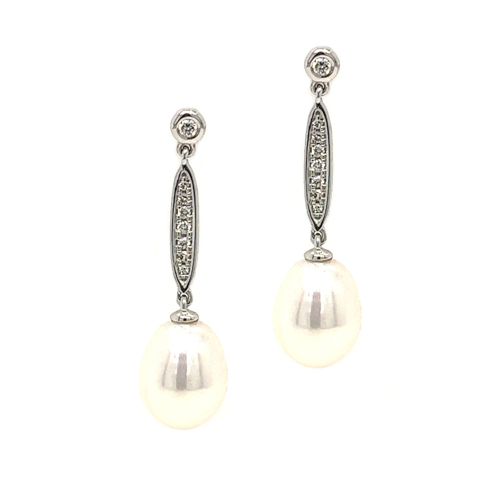 9ct White Gold Pearl & Diamond Drop Earrings